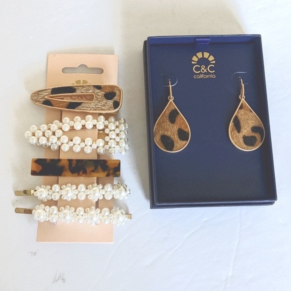 C&C California Tortoise Hair Clips and Faux Fur Earrings Set